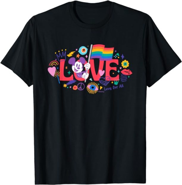 Disney Mickey Mouse Rainbow Pride Flag Love for All Doodles T-Shirt