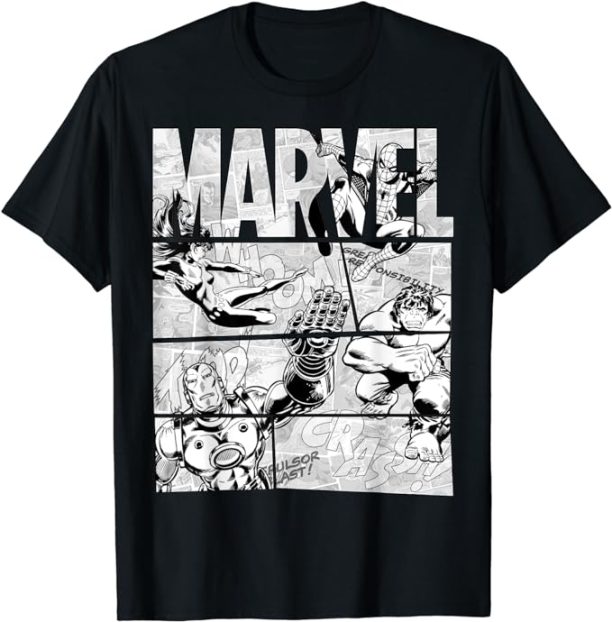 Marvel Avengers Retro Black and White Comic Graphic Short Sleeve T-Shirt