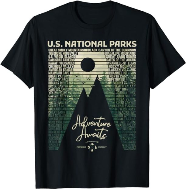 National Parks List US Park Vintage Camping Hiking Men Women T-Shirt