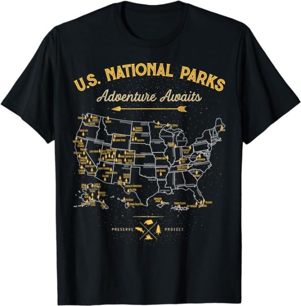 62 National Parks Map Gifts US Park Vintage Camping Hiking T-Shirt