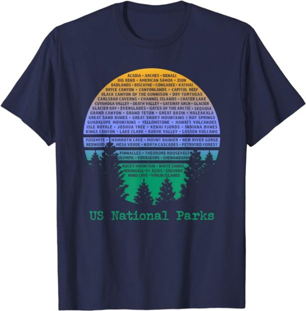 National Parks List Word Cloud Sunset Trees Men Women Kids T-Shirt