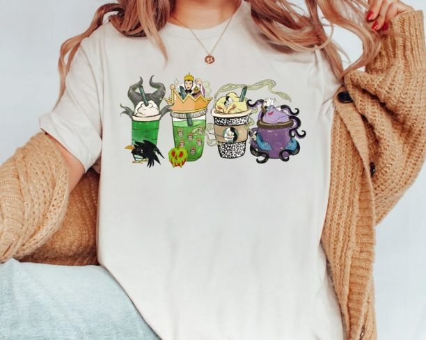 Disney Villains Characters Halloween Coffee Tea Shirt, Ursula Cruella Maleficent Latte Drink Cup Tee