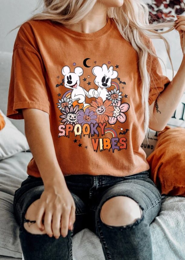 Floral Mickey Minnie Spooky Vibes Shirt, Disney Halloween Shirt, Disney Couple Shirt, Disney Halloween Shirt