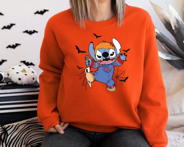 Halloween Chucky Stitch Sweatshirt, Horror Character Hoodie, Disney Halloween Hoodie, Halloween Gift, Spooky Disney Shirt, Horror Disney