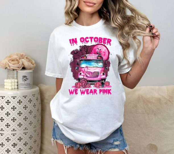 In October We Wear Pink T-shirt, Breast Cancer Shirt, Sanderson Sisters, Disney Tee, Pink Ribbon Shirt, October Tees, Halloween Shirt