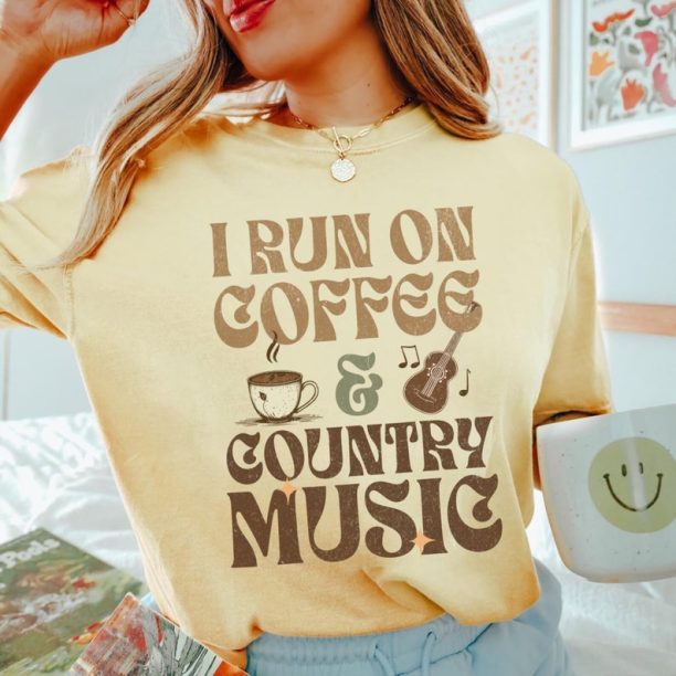 I run on Coffee and Country Music T-Shirt, Vintage Cowgirl Western Shirt, Retro Country Music Concert Nashville Southern Tee