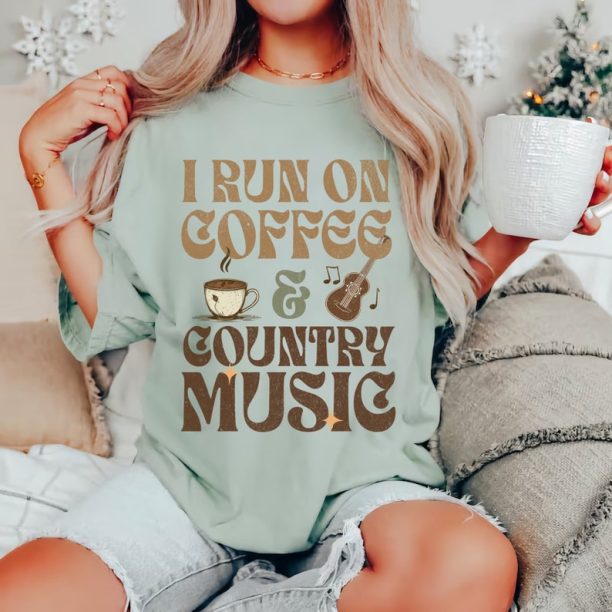 I run on Coffee and Country Music T-Shirt, Vintage Cowgirl Western Shirt, Retro Country Music Concert Nashville Southern Tee