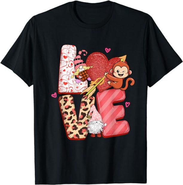 Love Monkey Gnomes Cute Hearts Valentine's Day T-Shirt