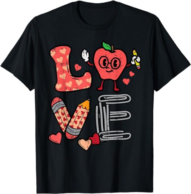 Love Valentines Day Apple Retro School Pre-K Teacher Women T-Shirt