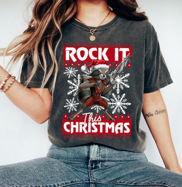 Marvel Guardians Of The Galaxy Rocket Rock It This Christmas T-Shirt, Marvel Xmas, Disneyland Vacation Holiday Gift 2023, Merry Xmas Outfits