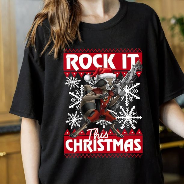 Marvel Guardians Of The Galaxy Rocket Rock It This Christmas T-Shirt, Marvel Xmas, Disneyland Vacation Holiday Gift 2023, Merry Xmas Outfits