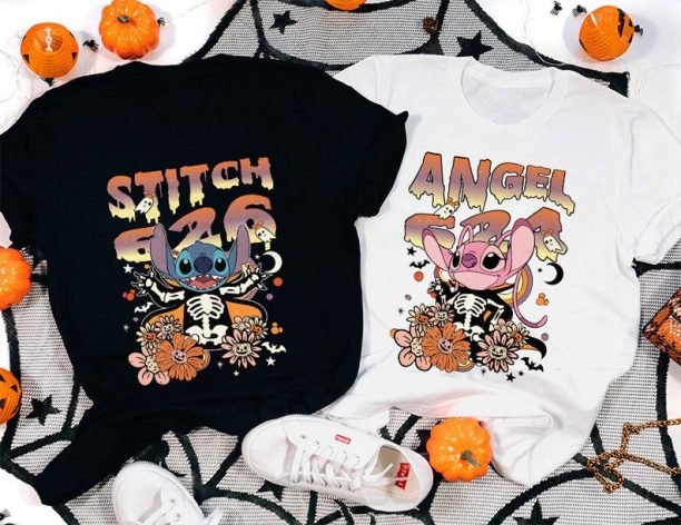 Vintage Floral Stitch and Angel Halloween Shirts, Floral Disney Stitch Halloween Shirt, Stitch and Lilo Halloween Shirt