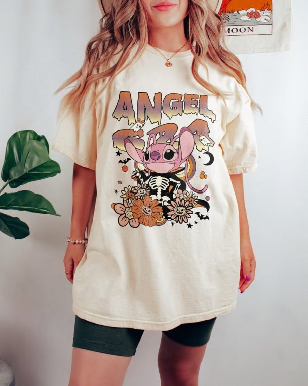 Vintage Floral Stitch and Angel Halloween Shirts, Floral Disney Stitch Halloween Shirt, Stitch and Lilo Halloween Shirt