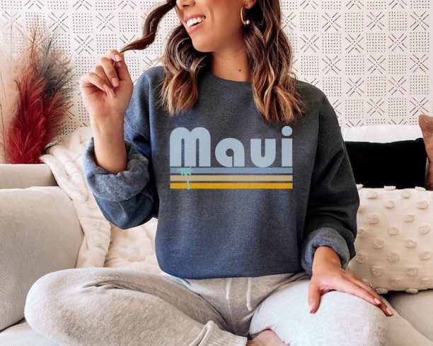 Maui, Hawaii Sweatshirt - Retro Palm Tree Adult Unisex Crewneck Maui Sweatshirt