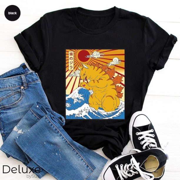 Catzilla Shirt, Synthwave Cat Shirt, Vaporwave Cat Shirt, Great Wave of Kanagawa, Japanese Cat Shirt, Retro Aesthetic Shirt, Japanese Kawaii