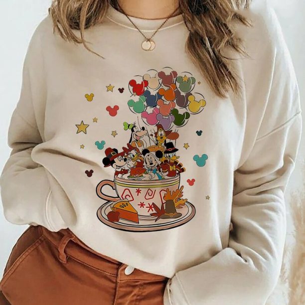 Disney Teacup Thanksgiving Sweatshirt, Mickey and Friend Turkey Sweater, Disney Balloons Thankful Sweater