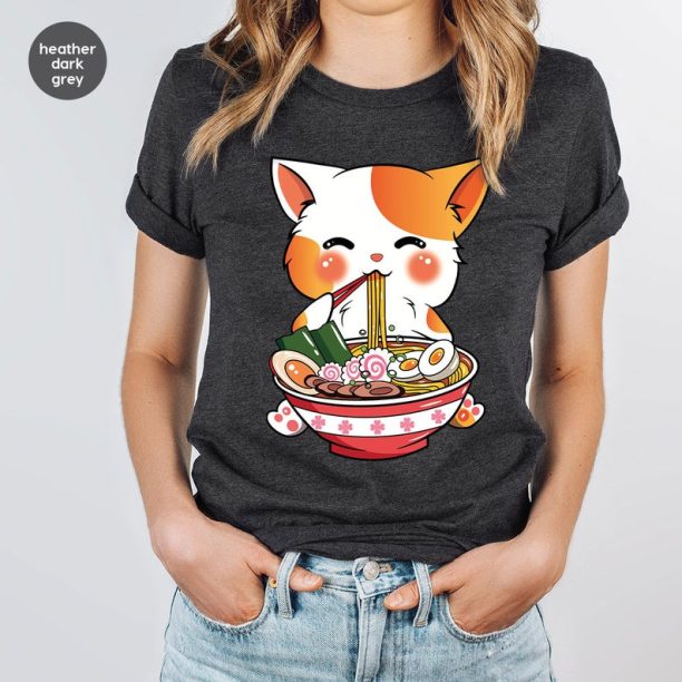 Cat Ramen T-Shirt, Kawaii Anime Shirt, Japanese Shirt, Korean Noodle Shirt, Cute Asian Food Tee