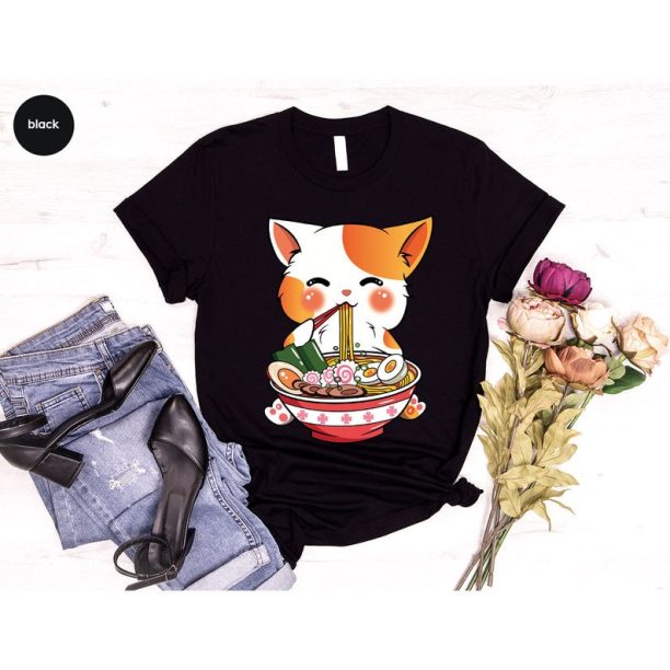 Cat Ramen T-Shirt, Kawaii Anime Shirt, Japanese Shirt, Korean Noodle Shirt, Cute Asian Food Tee