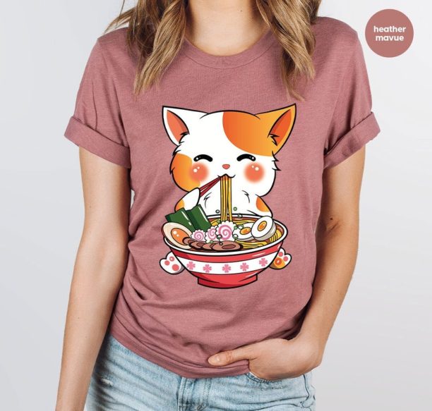 Cat Ramen T-Shirt, Kawaii Anime Shirt, Japanese Shirt, Korean Noodle Shirt, Cute Asian Food Tee