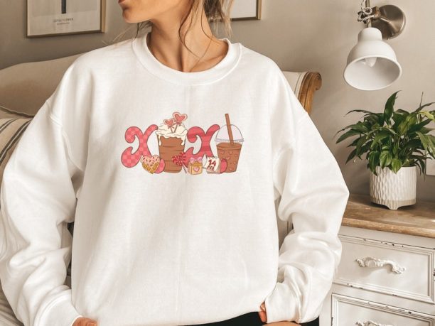 XOXO Valentine Sweatshirt, Coffee Valentines Day Sweatshirt, Women's Sweater, Valentines Day Party Shirt, Love Coffee Sweater