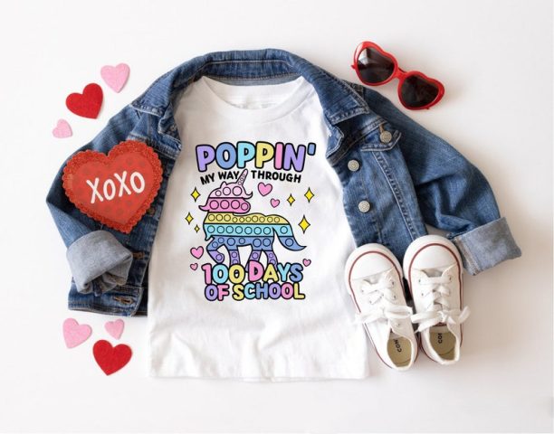 Poppin' My Way Through 100 Days of School Shirt,Teacher's 100th Day Appreciation Gift,Unicorn T-Shirt