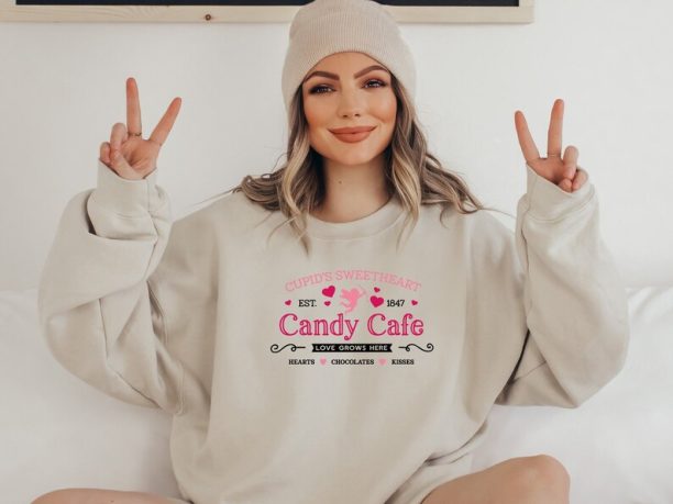 Cupid's Sweatshirt, Candy Cafe Shirt, Valentines Day Shirt, Cute Sweatshirt, Plus Size Sweater, Retro Valentines Day, Gift Woman