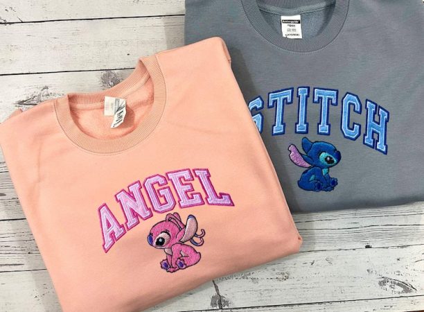 Stitch Angel Couple Sweater, Cartoon Sweatshirts, Embroidered Sweatshirt, Trending Crewneck, Vintage shirt