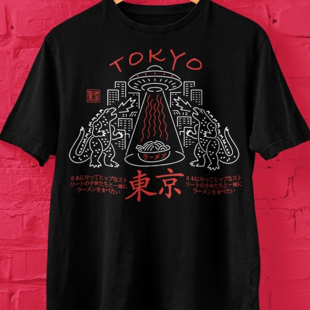 Tokyo Godzilla Ramen Short Sleeve Tee, Japanese Godzilla Graphic T Shirt, Tokyo Ramen Shirt, Godzilla Fans Gift