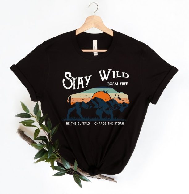 Stay Wild Buffalo Apparel, Retro Bison Outfit, Wild Animals Clothes, Western Shirt, Cool Mountain T-Shirt