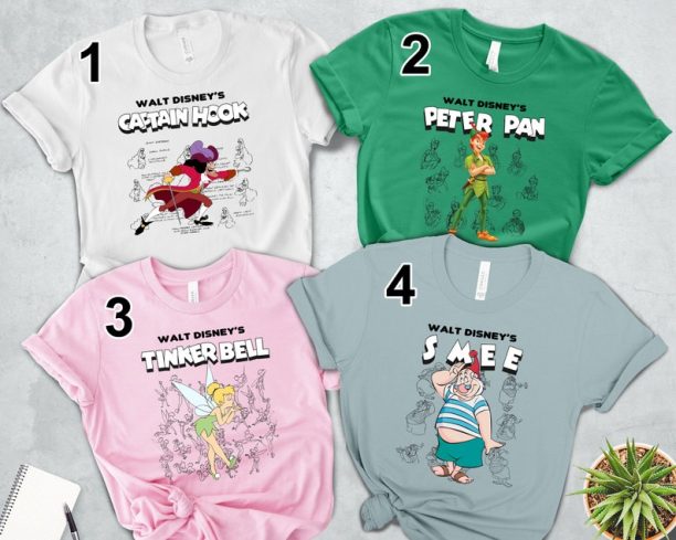 Disney Peter Pan Group T-Shirt, Tinker Bell Captain Hook Smee Sketch Tee, Disneyland Matching Tee Trip Gift Unisex T-shirt