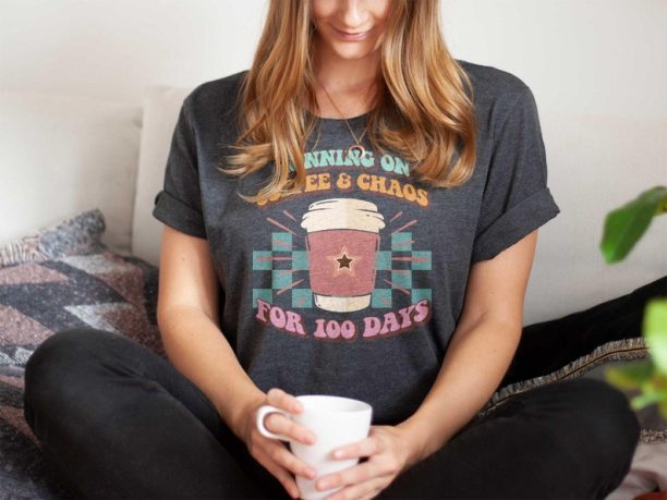 Funny Teacher Shirt, Running on Coffee And Chaos for 100 Days Tshirt, Boho 100th Day of Teacher, Retro Coffee Latte Tee