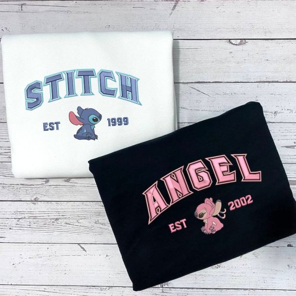 Stitch and Angel Couple Sweater, Cartoon Embroidered Sweatshirts, Trending Crewneck, Vintage shirt