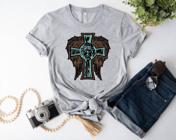 Holy Cross Flying Wings Leopard Shirt Gift For Women, Heavenly Faith-based Shirts, Divine Protection Women Tees