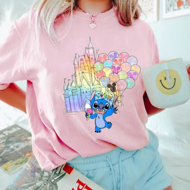 Disney Stitch Watercolor Castle Comfort Colors® Shirt, Stitch Balloons Shirt, Magic Kingdom Shirt, Disney Trip Shirt