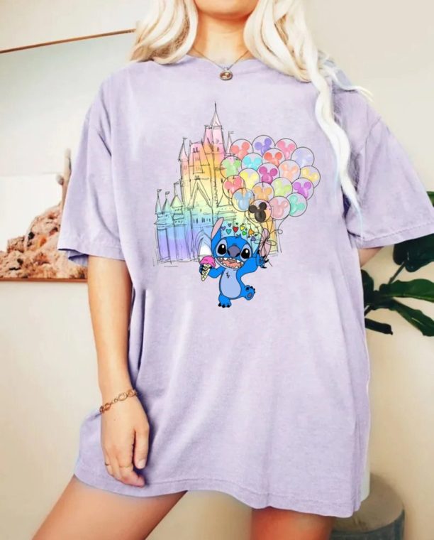 Disney Stitch Watercolor Castle Comfort Colors® Shirt, Stitch Balloons Shirt, Magic Kingdom Shirt, Disney Trip Shirt