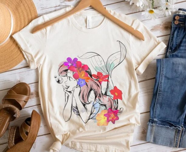 Disney Princess Floral Sketch Portrait Shirt / Cinderella Tinker Bell Ariel T-shirt / Disney Birthday / Walt Disney World