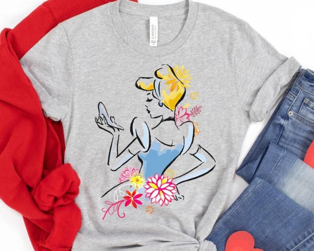 Disney Princess Floral Sketch Portrait Shirt / Cinderella Tinker Bell Ariel T-shirt / Disney Birthday / Walt Disney World