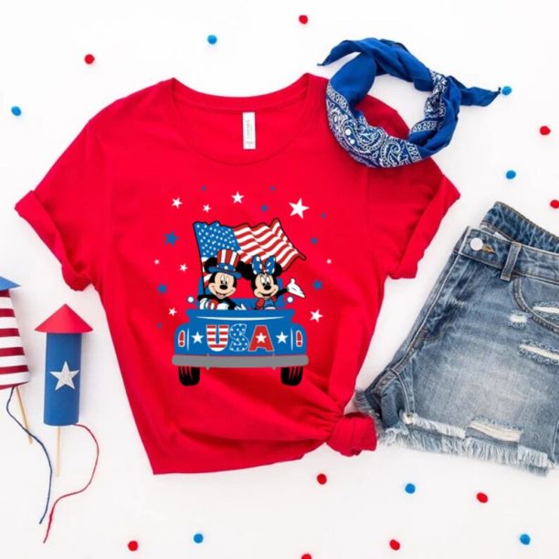 4th Of July Mickey Minnie Truck Comfort Colors® Shirt, Patriotic Mouse Shirt, Retro Disney Couple Shirt