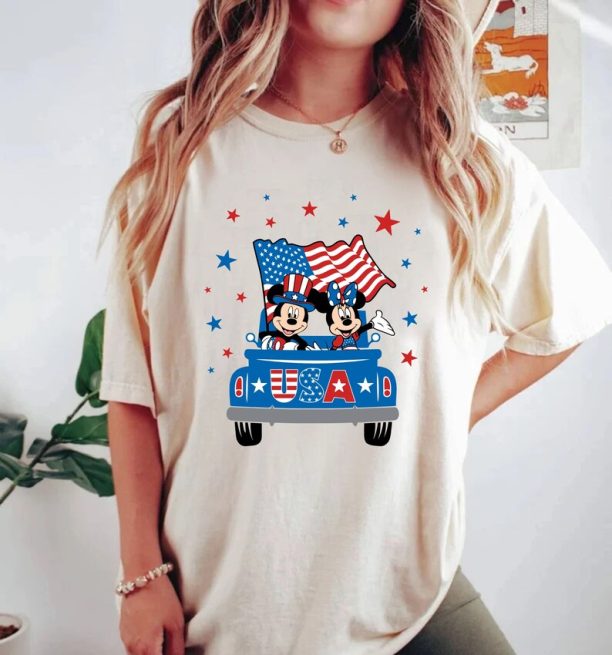 4th Of July Mickey Minnie Truck Comfort Colors® Shirt, Patriotic Mouse Shirt, Retro Disney Couple Shirt