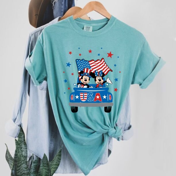 4th Of July Mickey Minnie Truck Comfort Colors® Shirt, Patriotic Mouse Shirt, Retro Disney Couple Shirt