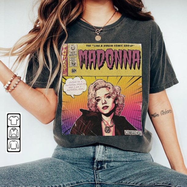 Madonna Comic Shirt, 90S Vintage Merch Book Art Material Girl Like A Virgin Album Concert Ticket 2023 Graphic Tee Gift Fan V3