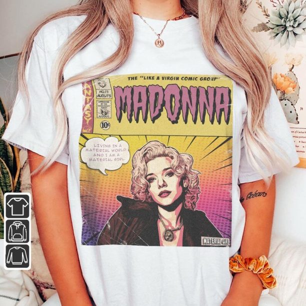 Madonna Comic Shirt, 90S Vintage Merch Book Art Material Girl Like A Virgin Album Concert Ticket 2023 Graphic Tee Gift Fan V3