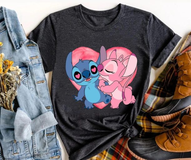 Disney Stitch And Angel Kissing Valentine's Day T-Shirt, Disney Family Matching Shirt, Walt Disney World