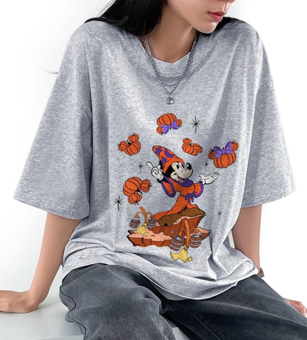 Fantasmic Sorcerer Mickey Pumpkin Magic Brooms Shirt, Disney Fantasia Halloween T-shirt, Mickey's Not So Scary Party