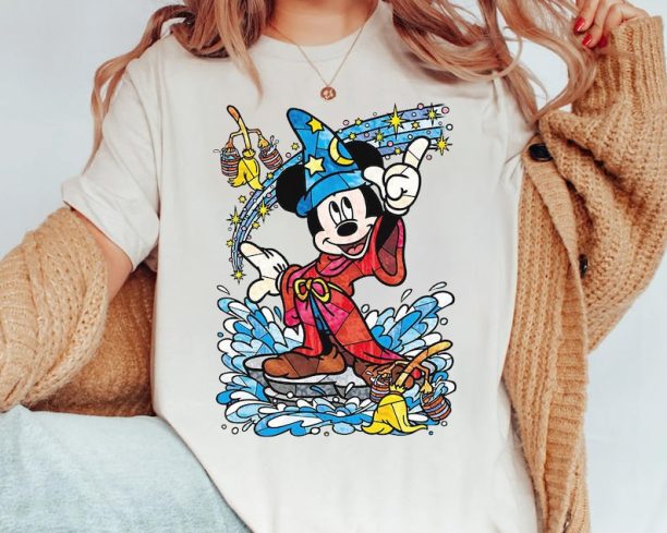 Disney Fantasia Sorcerer Mickey Mouse Wizard Fantasia Stained Glass Retro Shirt