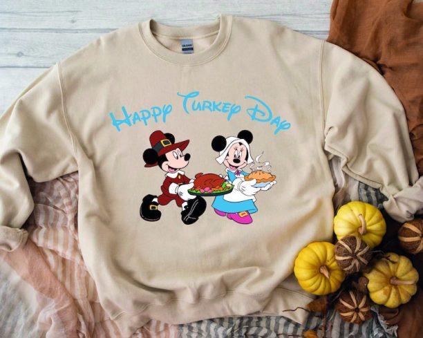 Happy Turkey Day Disney Sweatshirt, Mickey & Minnie Thanksgiving Day Shirt, 90s Disney Theme Turkey Tee, Fall Shirt For Women