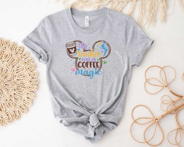 Disney This Teacher Runs Of Coffee Magic Shirt, Tinker Bell Coffee Shirt Hoodie Sweatshirt, Mickey Head Shirt