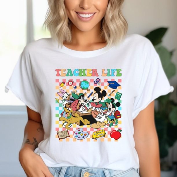 Mickey and Gang Teacher Life T-Shirt, Retro Disney Teacher Shirt, Groovy Mickey and Friends Teacher Appreciation Gift