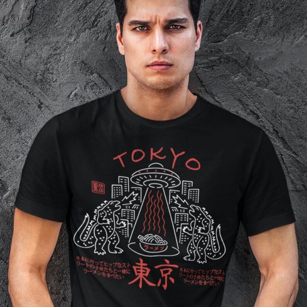 Tokyo Godzilla Ramen Short Sleeve Tee, Japanese Godzilla Graphic T Shirt, Tokyo Ramen Shirt, Godzilla Fans Gift