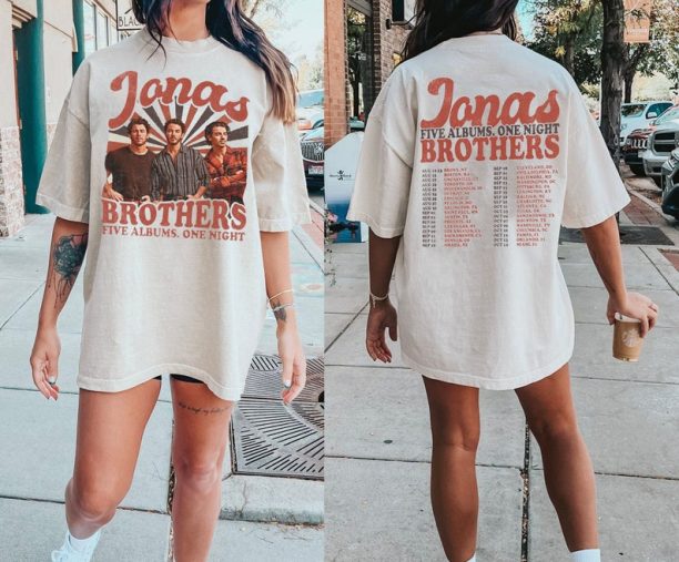 Jonas Brothers Double Sided T shirt, Concert 2023 Retro Unisex Gift, Jonas Brothers Five Albums One Night T Shirt